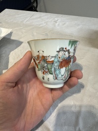 Six fine Chinese famille rose 'Xi Xiang Ji' cups and saucers, Xianfeng mark and of the period