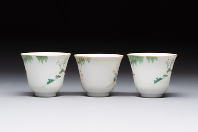 Six fine Chinese famille rose 'Xi Xiang Ji' cups and saucers, Xianfeng mark and of the period