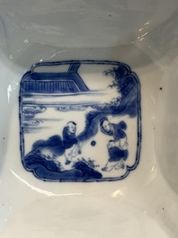 A Chinese blue and white square bowl with ladies in a garden, Kangxi mark and of the period
