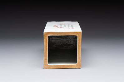 A Chinese qianjiang cai square hat stand, signed Wen Xuan Shi 文軒氏, dated 1889