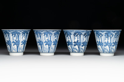 11 Japanese blue and white cups and 12 saucers with floral design, Chenghua mark, Meiji, 19th C.