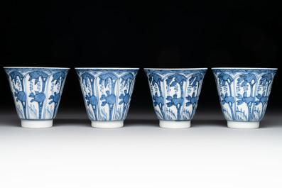 11 Japanese blue and white cups and 12 saucers with floral design, Chenghua mark, Meiji, 19th C.