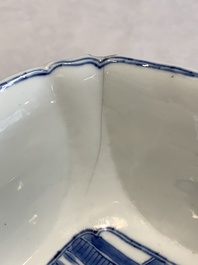 A Chinese blue and white square bowl with ladies in a garden, Kangxi mark and of the period