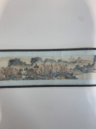 In the manner of Pu Xinyu 溥心畬 (1896-1963): 'Temple in the mountains', ink and colour on paper, with a hongmu wooden box