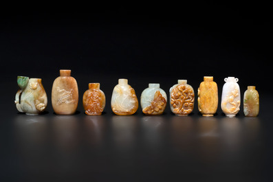 A large collection of 60 Chinese jadeite snuff bottles, 20th C.