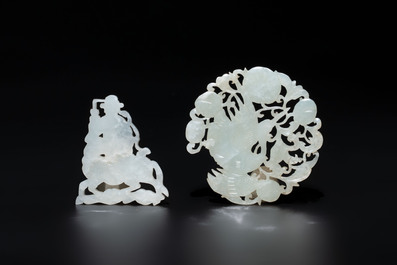 Two Chinese white and celadon jade 'crane' and 'deity' plaques, Qing