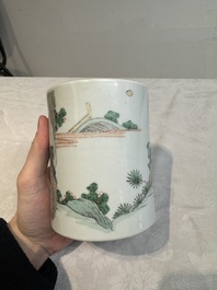 A Chinese famille verte brush pot with figural design, Kangxi