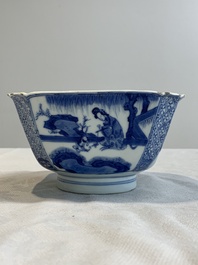 A Chinese blue and white square bowl with ladies in a garden, Kangxi mark and of the period