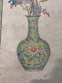 Follower of Guangxu 光緒 (1871-1908): 'Vases and flowers', Cixi seal mark, ink and colour on paper