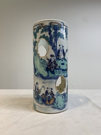 A Chinese doucai 'Eight Immortals' openworked hat stand, Kangxi mark, 19th C.