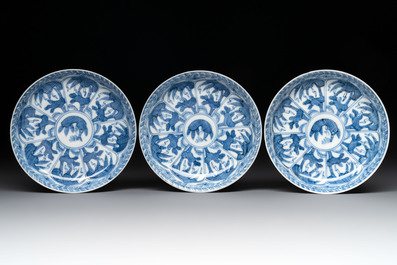 11 Japanese blue and white cups and 12 saucers with floral design, Chenghua mark, Meiji, 19th C.