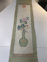 Follower of Guangxu 光緒 (1871-1908): 'Vases and flowers', Cixi seal mark, ink and colour on paper