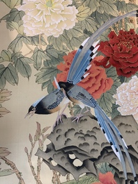 Yi Ting 彝庭, Gong Yin 宮音 and Zhang Mingxuan 張明軒 : 'Mountainous landscape', 'Peonies' and 'Grapes', ink and colour on paper and silk, 20th C.