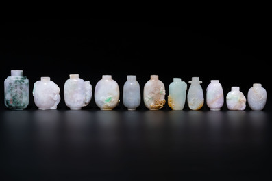 A large collection of 60 Chinese jadeite snuff bottles, 20th C.