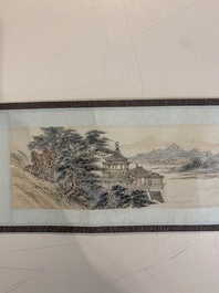 In the manner of Pu Xinyu 溥心畬 (1896-1963): 'Temple in the mountains', ink and colour on paper, with a hongmu wooden box