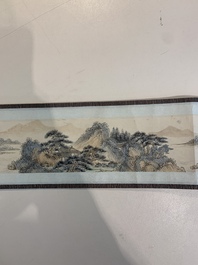 In the manner of Pu Xinyu 溥心畬 (1896-1963): 'Temple in the mountains', ink and colour on paper, with a hongmu wooden box