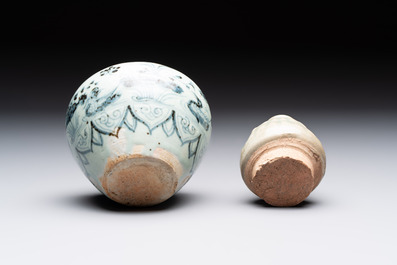 Five Chinese blue, white and monochrome jarlets and seven covered boxes, Yuan/Ming