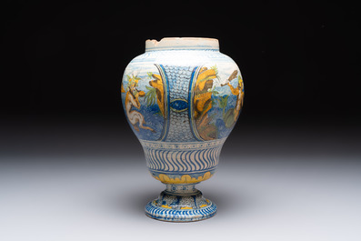 A rare polychrome Nevers earthenware baluster vase with tritons and satyrs, 2nd half 17th C.