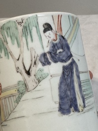 A Chinese famille verte brush pot with figural design, Kangxi