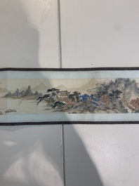 In the manner of Pu Xinyu 溥心畬 (1896-1963): 'Temple in the mountains', ink and colour on paper, with a hongmu wooden box