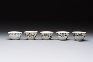 Four Chinese gilt-decorated grisaille 'crowned Juno and peacock' cups and saucers and a 'European subject' cup and saucer, Qianlong