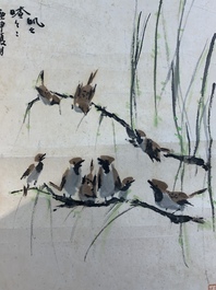Chinese school: 'Calligraphy' and 'Sparrow', ink and colour on paper, 20th C.
