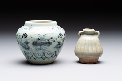 Five Chinese blue, white and monochrome jarlets and seven covered boxes, Yuan/Ming