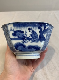 A Chinese blue and white square bowl with ladies in a garden, Kangxi mark and of the period