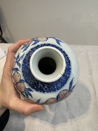 A Chinese blue, white and copper-red 'meiping' vase with 17 peaches, Yongzheng mark, 19/20th C.