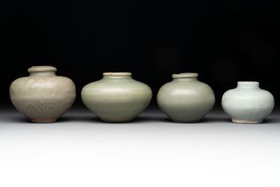 Eight Chinese Longquan celadon jarlets with floral design, Song/Yuan