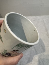 A Chinese famille verte brush pot with figural design, Kangxi