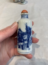 A Chinese famille rose seal paste box and a covered jarlet, a miniature wucai vase and a blue and white snuff bottle, Kangxi mark, 19/20th C.