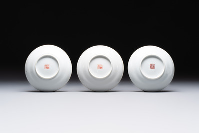 Six fine Chinese famille rose 'Xi Xiang Ji' cups and saucers, Xianfeng mark and of the period