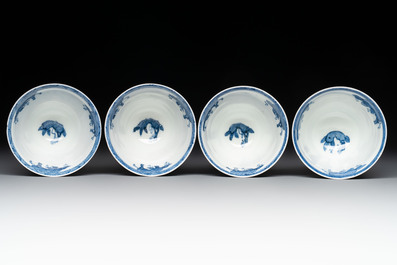 11 Japanese blue and white cups and 12 saucers with floral design, Chenghua mark, Meiji, 19th C.