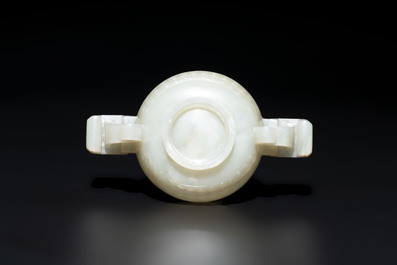 A Chinese white jade bowl with ruyi-shaped handles, wooden cover and stand, 18/19th C.