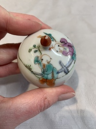 A Chinese famille rose seal paste box and a covered jarlet, a miniature wucai vase and a blue and white snuff bottle, Kangxi mark, 19/20th C.