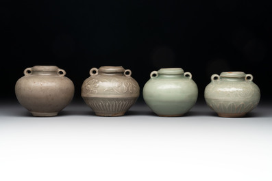 Eight Chinese Longquan celadon jarlets with floral design, Song/Yuan