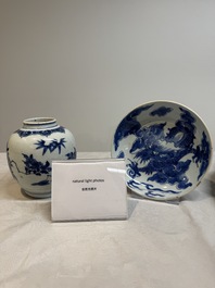 A Chinese blue and white 'dragon' plate and a 'floral' jarlet, Yongzheng mark, 17/18th C.