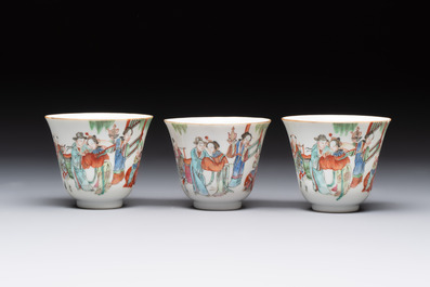 Six fine Chinese famille rose 'Xi Xiang Ji' cups and saucers, Xianfeng mark and of the period