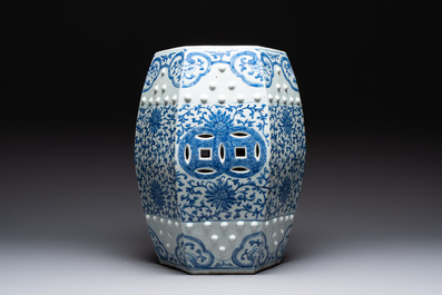 A Chinese blue and white hexagonal 'lotus scroll' garden seat, Qianlong/Jiaqing