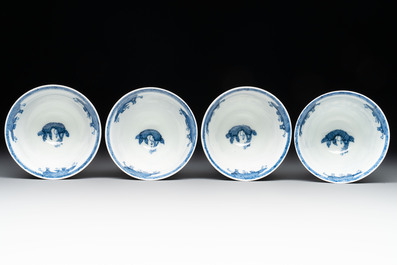 11 Japanese blue and white cups and 12 saucers with floral design, Chenghua mark, Meiji, 19th C.