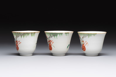 Six fine Chinese famille rose 'Xi Xiang Ji' cups and saucers, Xianfeng mark and of the period