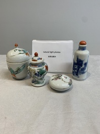 A Chinese famille rose seal paste box and a covered jarlet, a miniature wucai vase and a blue and white snuff bottle, Kangxi mark, 19/20th C.