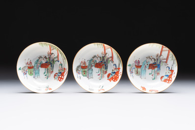 Six fine Chinese famille rose 'Xi Xiang Ji' cups and saucers, Xianfeng mark and of the period