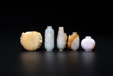 A large collection of 60 Chinese jadeite snuff bottles, 20th C.