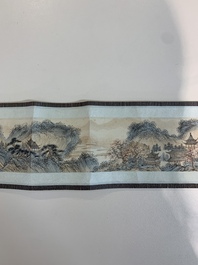 In the manner of Pu Xinyu 溥心畬 (1896-1963): 'Temple in the mountains', ink and colour on paper, with a hongmu wooden box