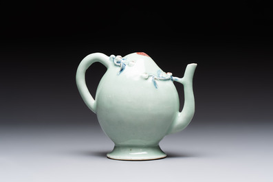 A Chinese copper-red and blue celadon-ground peach-shaped 'cadogan' ewer, Qianlong/Jiaqing