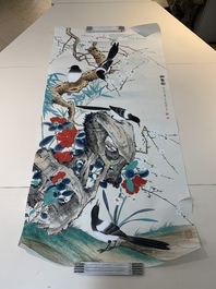 Yu Fei'an 于非闇 (1889-1959): 'Four magpies and plum blossom', ink and colour on paper
