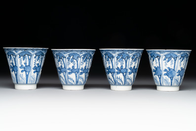 11 Japanese blue and white cups and 12 saucers with floral design, Chenghua mark, Meiji, 19th C.
