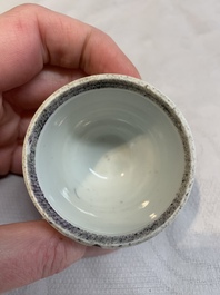 A Chinese famille rose seal paste box and a covered jarlet, a miniature wucai vase and a blue and white snuff bottle, Kangxi mark, 19/20th C.